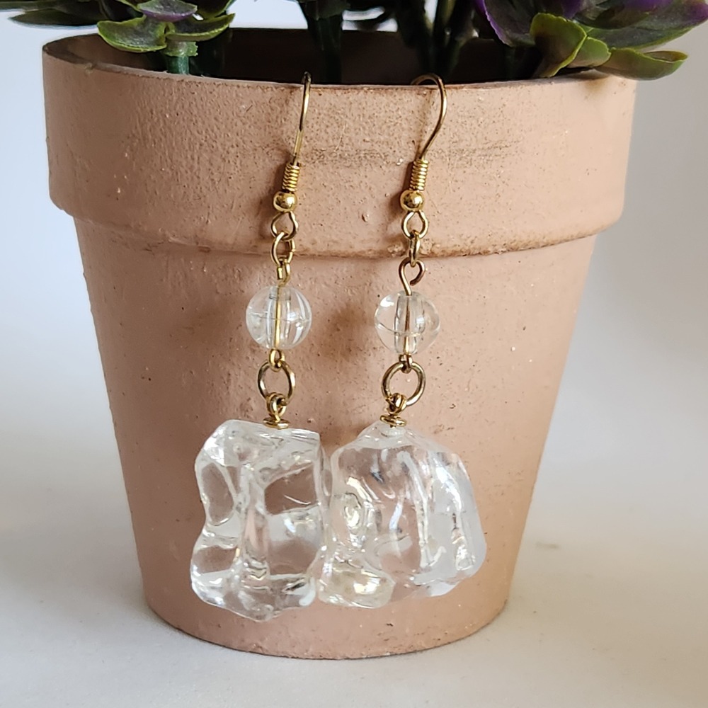 Clear Raw Crystal Nugget Drop‎ Earrings Gold Tone Boho Crystalline Dangle Womens